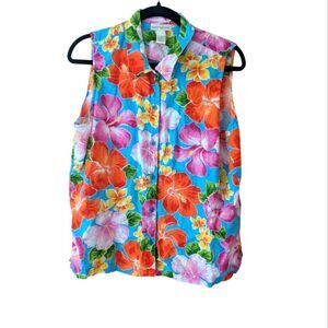 Jones New York Floral Tropical Linen Sleeveless Button Down Top Size 14